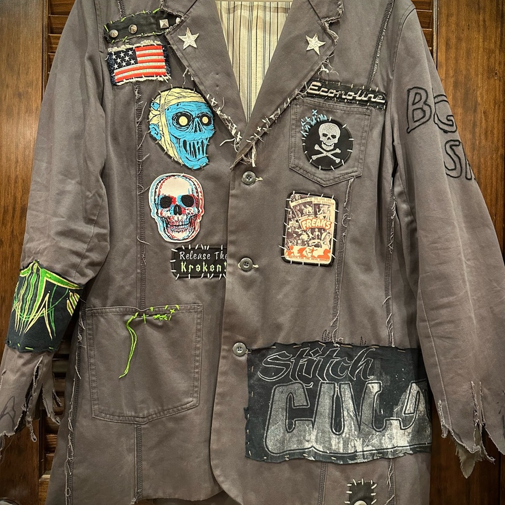 Men's Gray Patchwork Distressed Burning Man Jacket